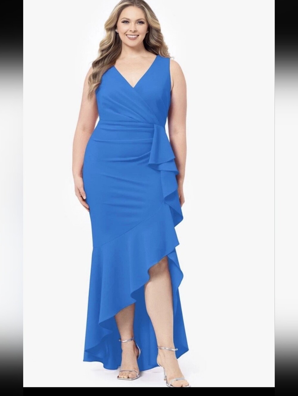 Betsy & Adam NWT $269 Blue Ruffle Wrap Maxi Gown Plus 16W Formal Dress Glam
